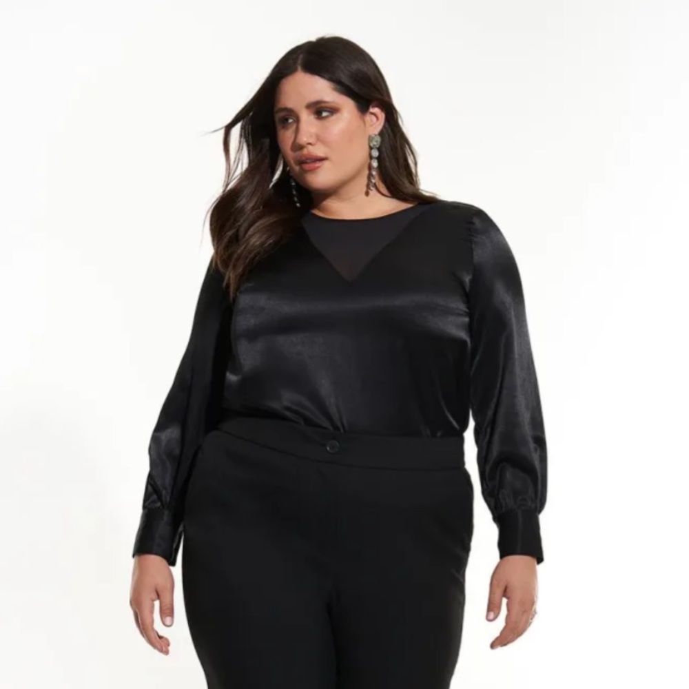 Addition Elle Black Blouse with Chiffon Neckline Yoke